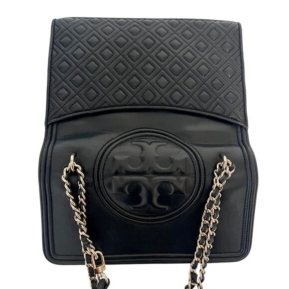 Tory Burch Fleming Leather Convertible Shoulder Bag Crossbody Black Chain Logo - Picture 8 of 14